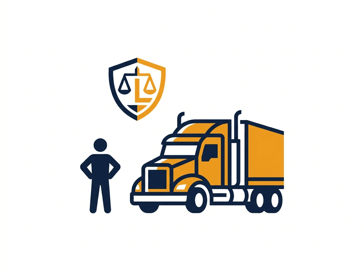 Illustration of a person protected by a legal shield standing beside a semi-truck, representing legal support after an 18-wheeler accident